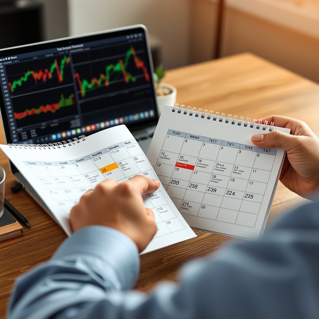 A professional stock photo of a person reviewing a calendar with key dates highlighted, sitting at a desk with a laptop displaying cryptocurrency charts, symbolizing tax planning and deadlines.