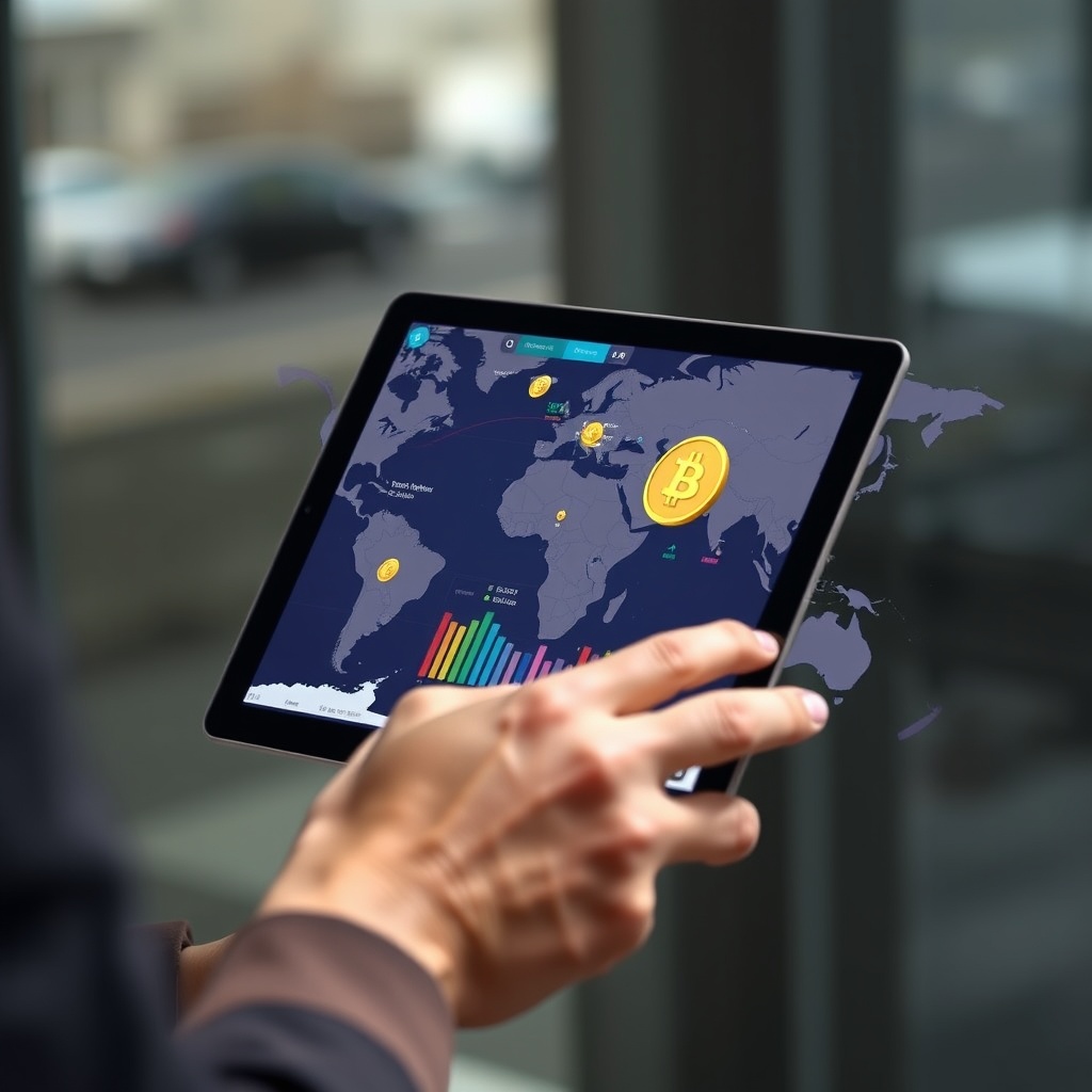 A professional stock photo of a person using a digital tablet to track international money transfers and cryptocurrency transactions across a world map overlay, representing cross-border tax implications.
