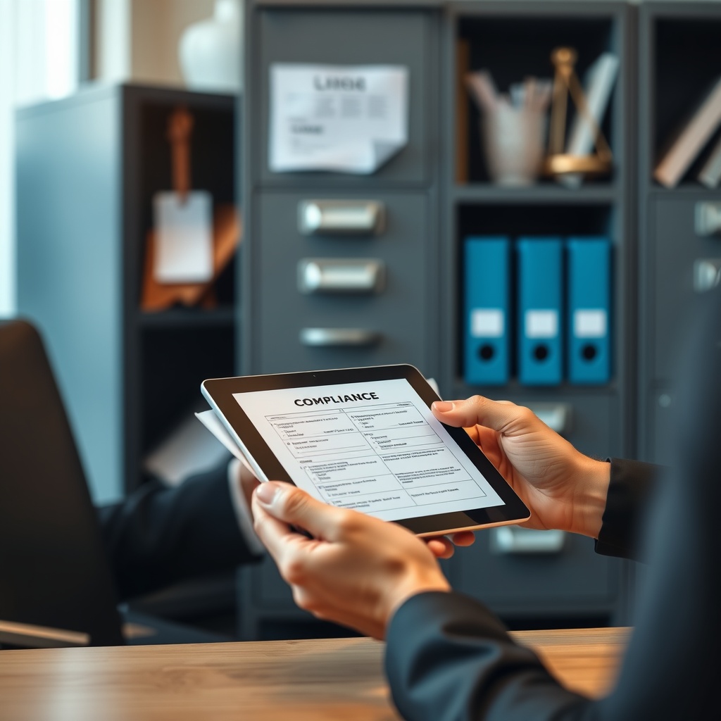A professional stock photo of a person in a business setting reviewing compliance documents and regulatory checklists on a tablet, with a secure filing cabinet in the background, symbolizing legal adherence.