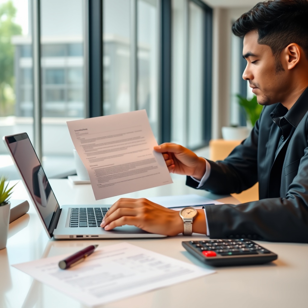 Professional stock photo of a person in a modern office in Tonga reviewing business structure documents on a laptop, with a clean desk setup showing legal papers and a calculator, natural daylight, high-quality commercial style.