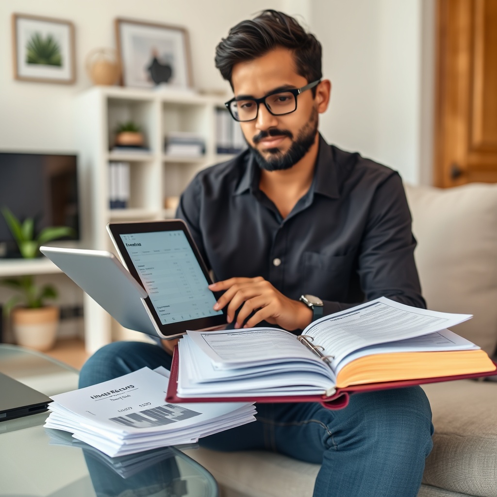 Professional stock photo of a freelancer in Tonga organizing digital financial records on a tablet and physical receipts in a binder, with a tidy home office background, sharp focus, commercial appearance.