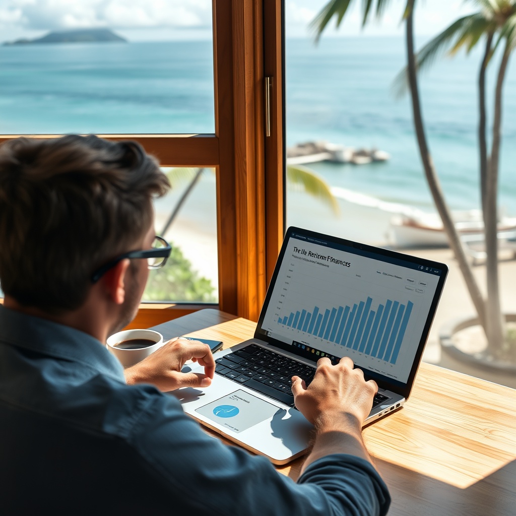 Professional stock photo of a person in Tonga planning retirement finances on a laptop with investment charts visible, a cup of coffee nearby, serene coastal view through a window, high-quality stock style.
