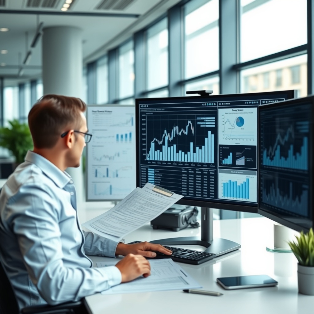 Professional stock photo of a modern office setting with a person analyzing complex financial charts and tax documents on a large monitor, representing compliance procedures and filing requirements.