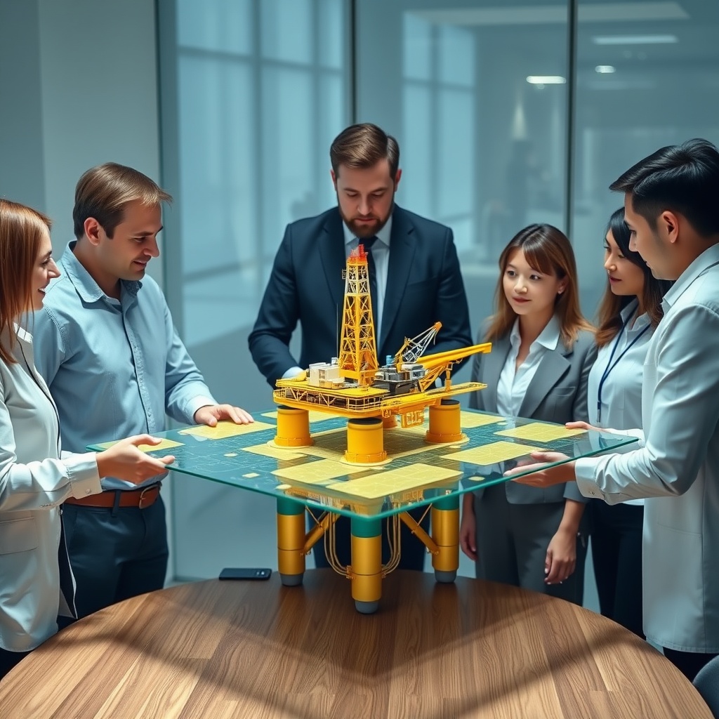 Professional stock photo of a team of energy industry professionals in a boardroom, collaboratively examining a 3D model of an offshore oil platform, representing advanced tax planning and project application.