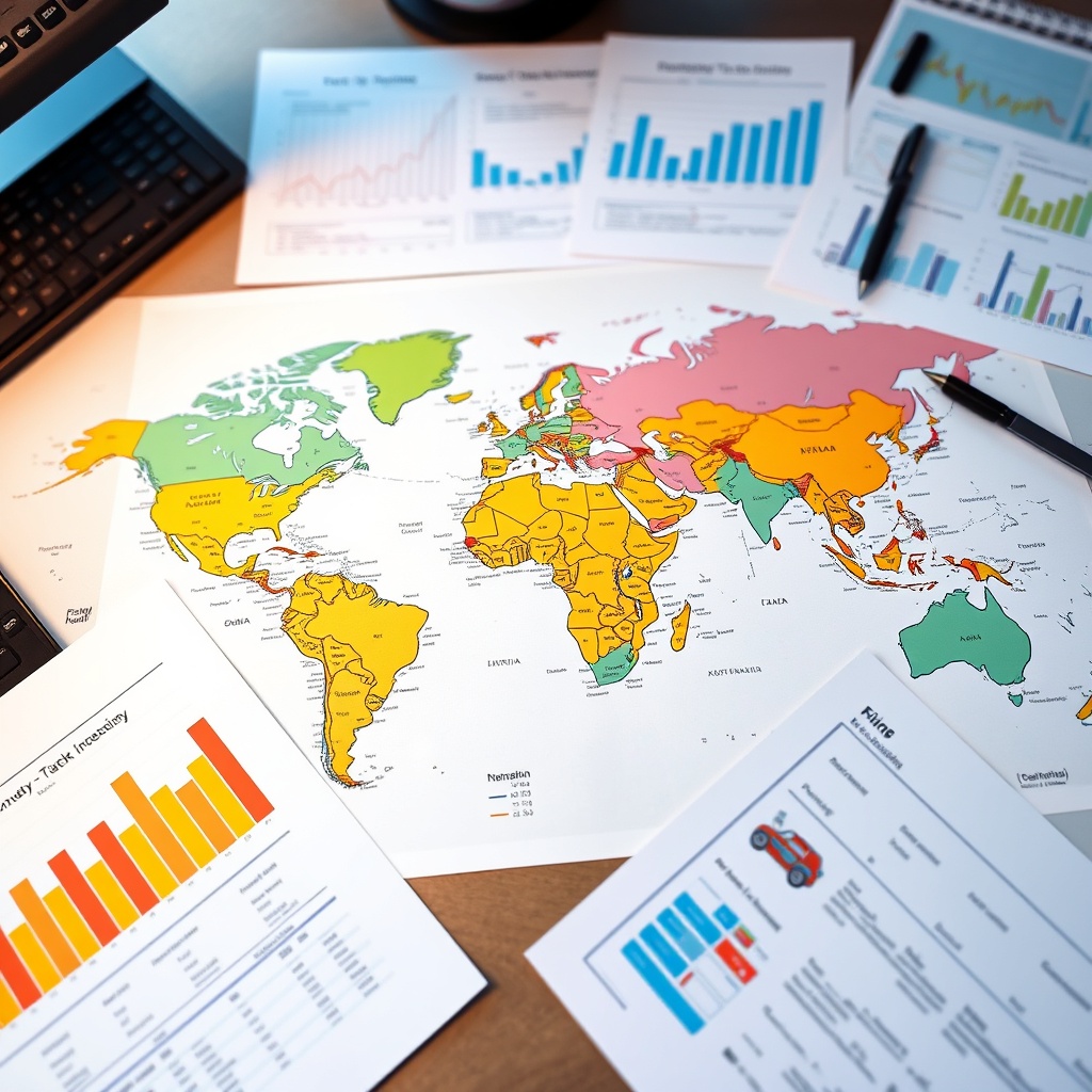 Professional stock photo of a global map on a desk with financial charts and energy industry reports, showing international connections and market analysis for comparative tax regimes.