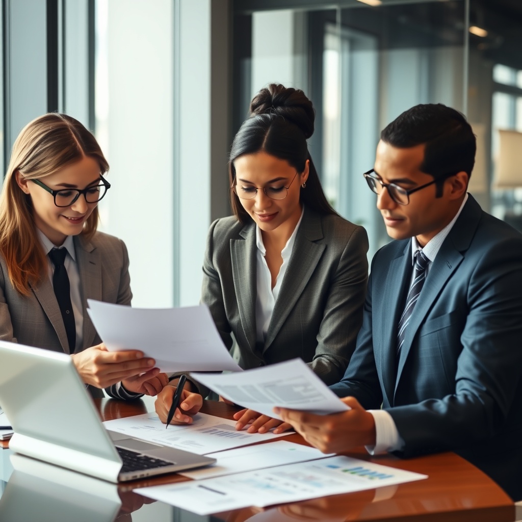 Professional stock photo of a diverse group of international business professionals reviewing tax documents and financial reports in a modern office setting, representing personal income tax considerations for foreign residents and expatriates.