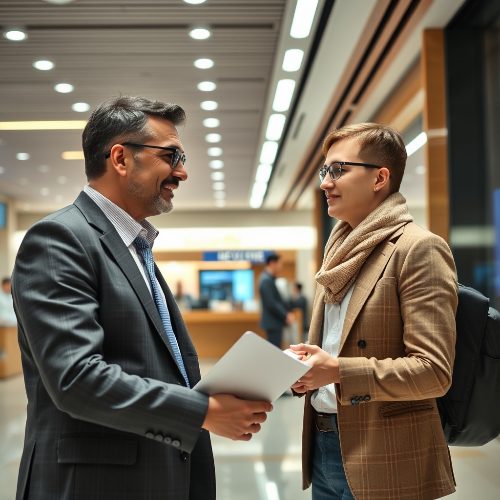Professional stock photo of a foreign investor meeting with a local banker in a contemporary financial institution, discussing corporate accounts and foreign exchange considerations.