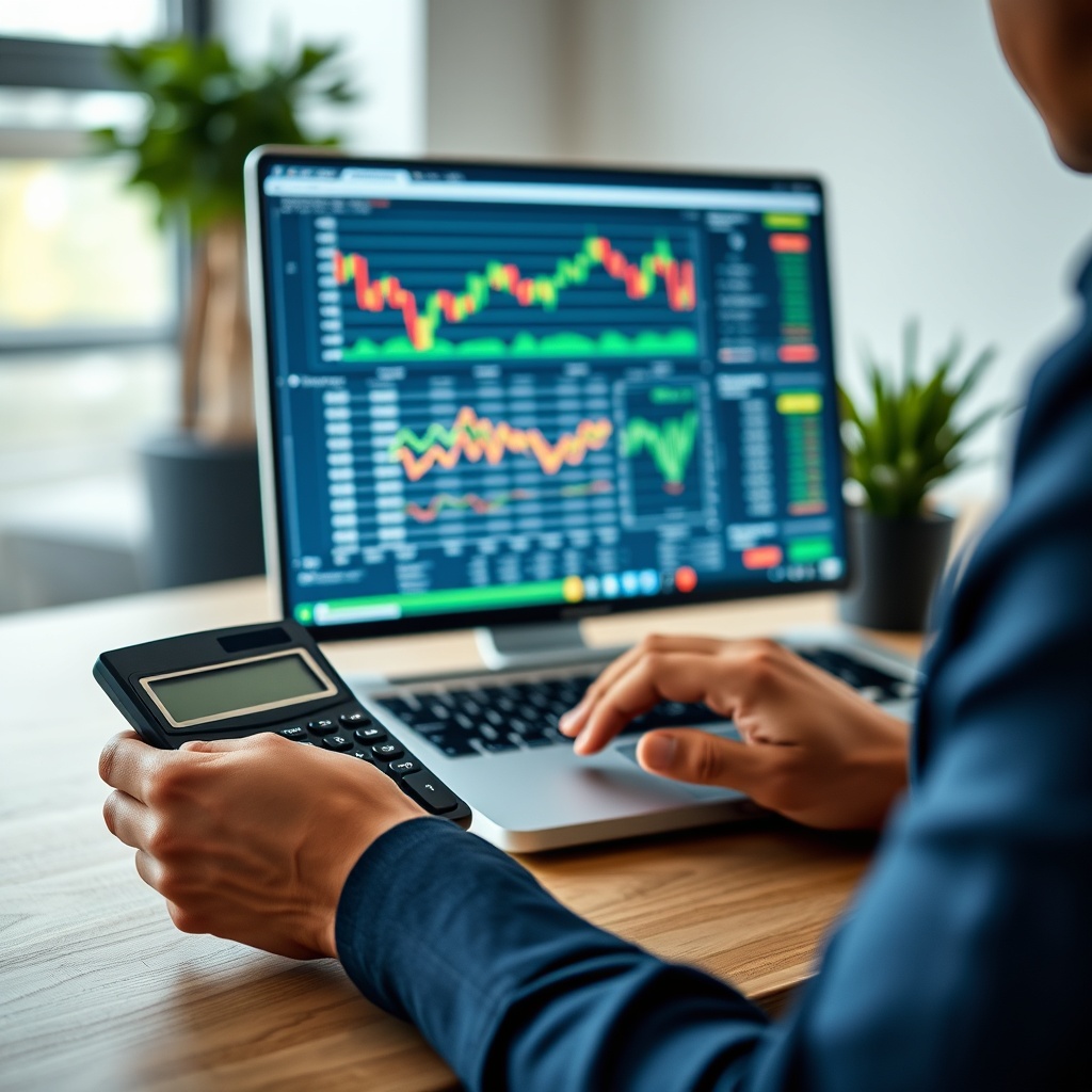 Professional stock photo of a person using a calculator and laptop with cryptocurrency charts on screen, focused on financial calculations in a modern home office setting.