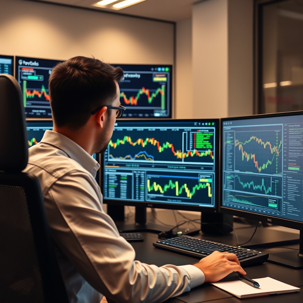 Professional stock photo of a person analyzing complex cryptocurrency transaction data on multiple monitors, depicting advanced investment scenarios in a sophisticated workspace.