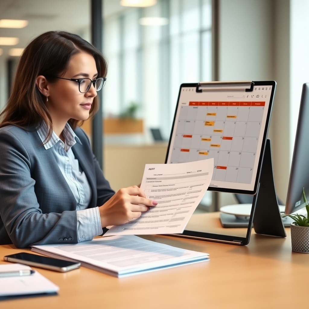 Professional stock photo of a person reviewing regulatory documents and a calendar, representing compliance updates and future outlook in a professional office environment.
