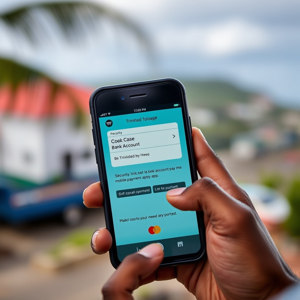 A person in Trinidad and Tobago using a smartphone to securely link a bank account to a mobile payment app, with a blurred background of local scenery, showcasing convenience and security.