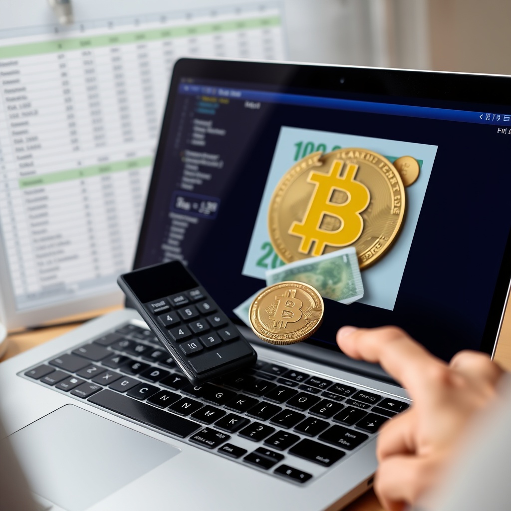 Professional stock photo of a person calculating crypto taxes on a laptop with Tunisian dinar currency visible, showing a spreadsheet with formulas and cryptocurrency symbols in the background.