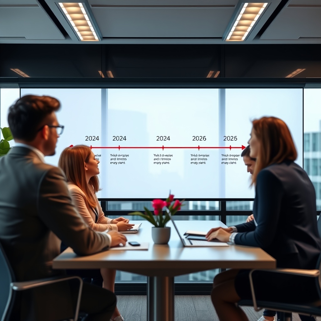 A professional stock photo of a modern office with a timeline chart on a digital screen, showing phases from 2024 to 2026, with people in business attire discussing strategic plans.