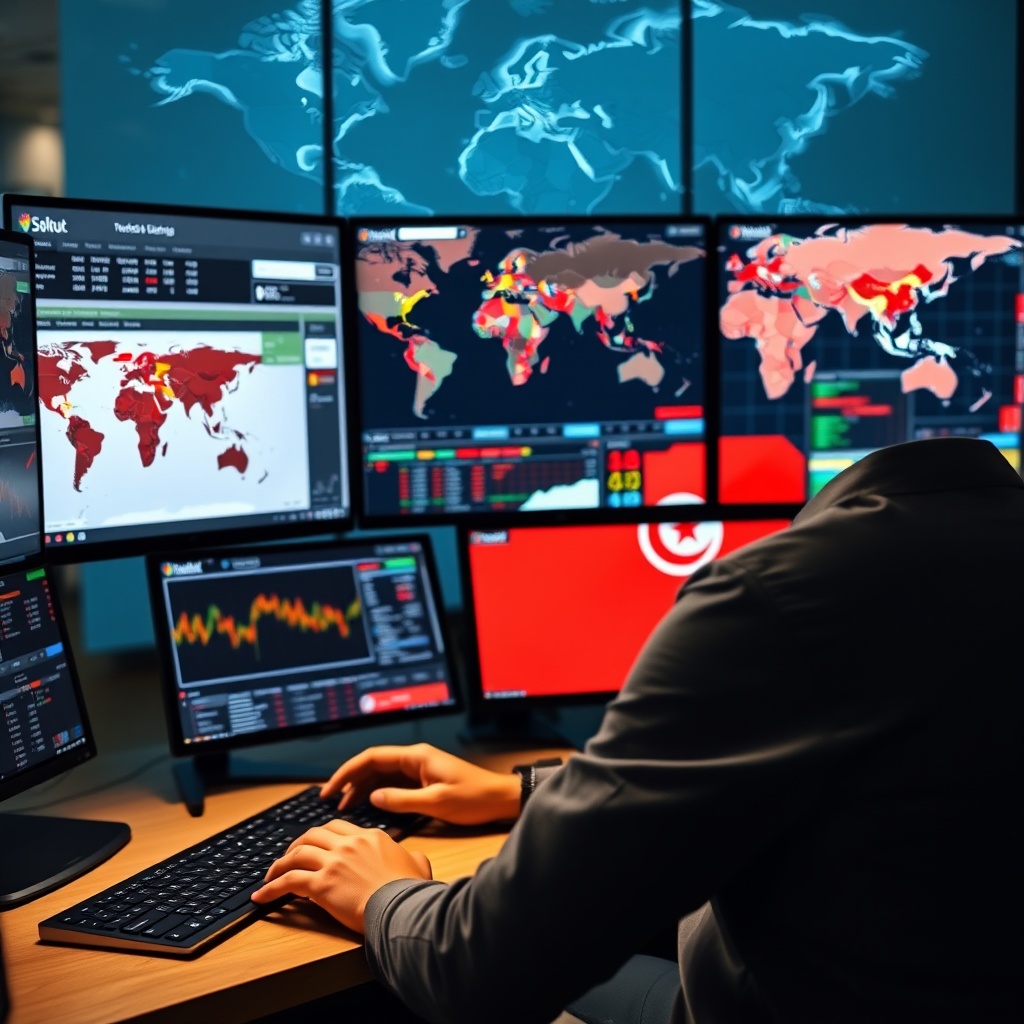 Professional stock photo of a person reviewing international crypto exchange accounts on multiple screens, with a world map and Tunisian flag subtly visible in the background.