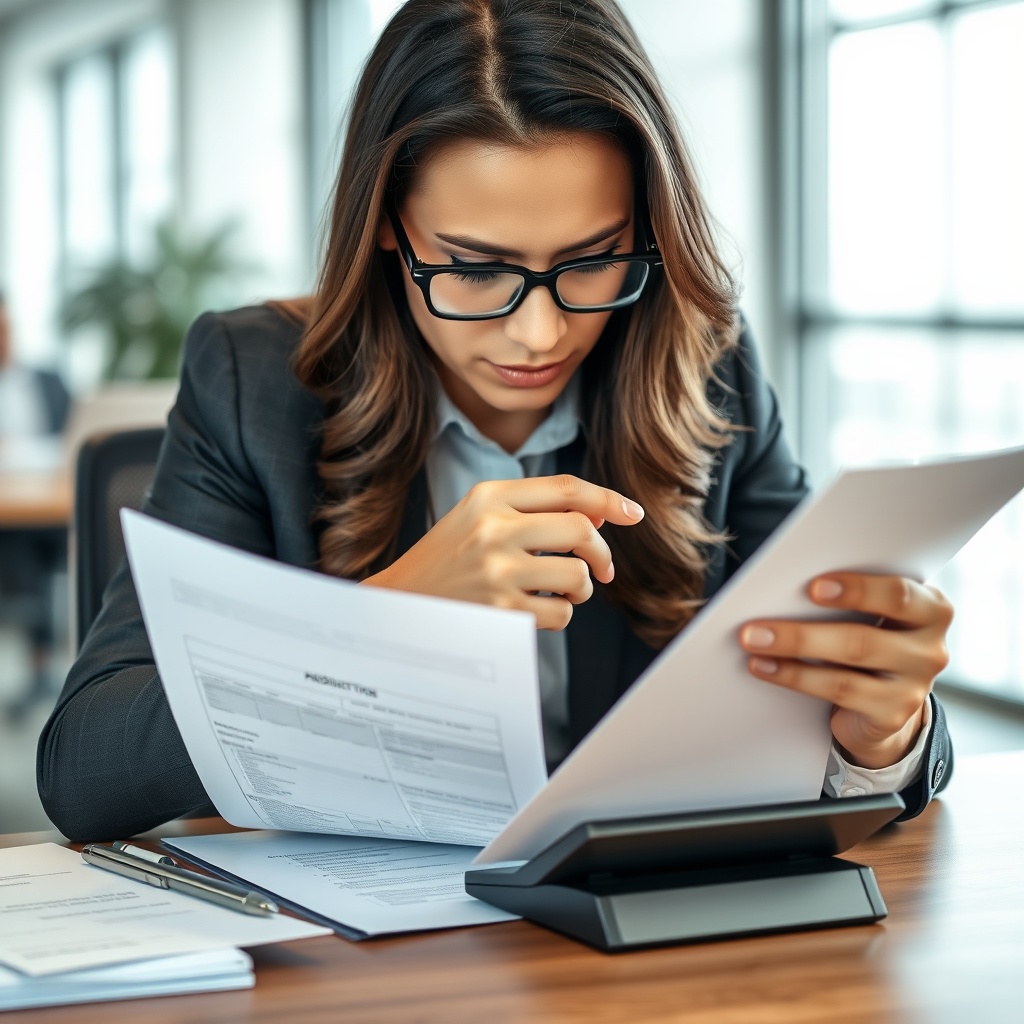 Professional stock photo of a serious businessperson reviewing tax documents with a calculator and legal papers, conveying audit preparedness and compliance in a modern office setting.