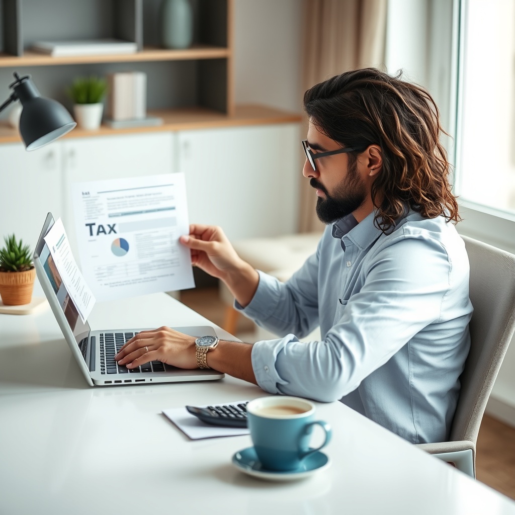 Professional stock photo of a Tunisian freelancer analyzing tax documents on a laptop with a calculator and coffee cup on a modern desk, showing focused financial planning in a bright home office setting.