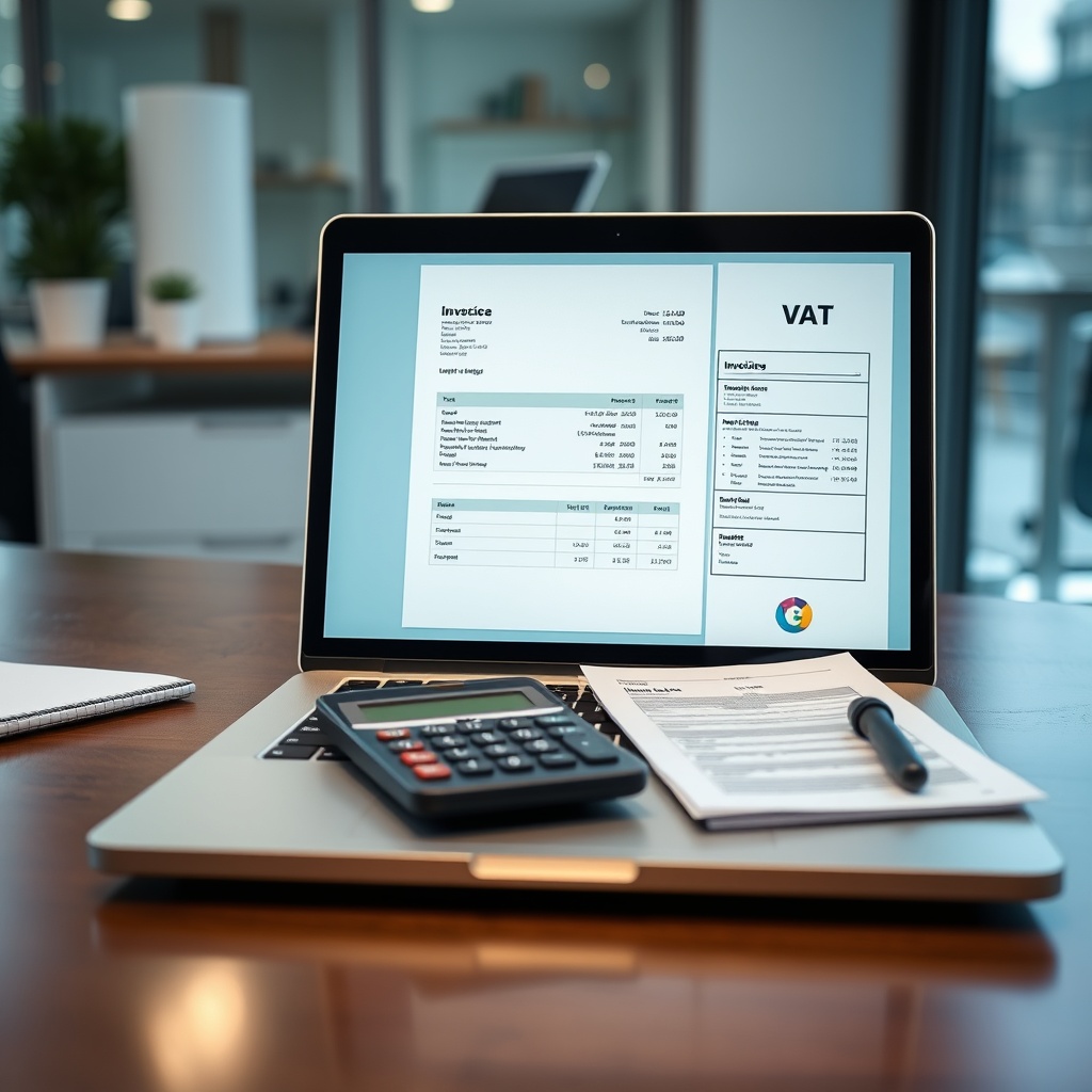 Professional stock photo of a modern office desk with a laptop showing a digital invoice, a calculator, and tax documents neatly organized, representing VAT and invoicing procedures for freelancers.