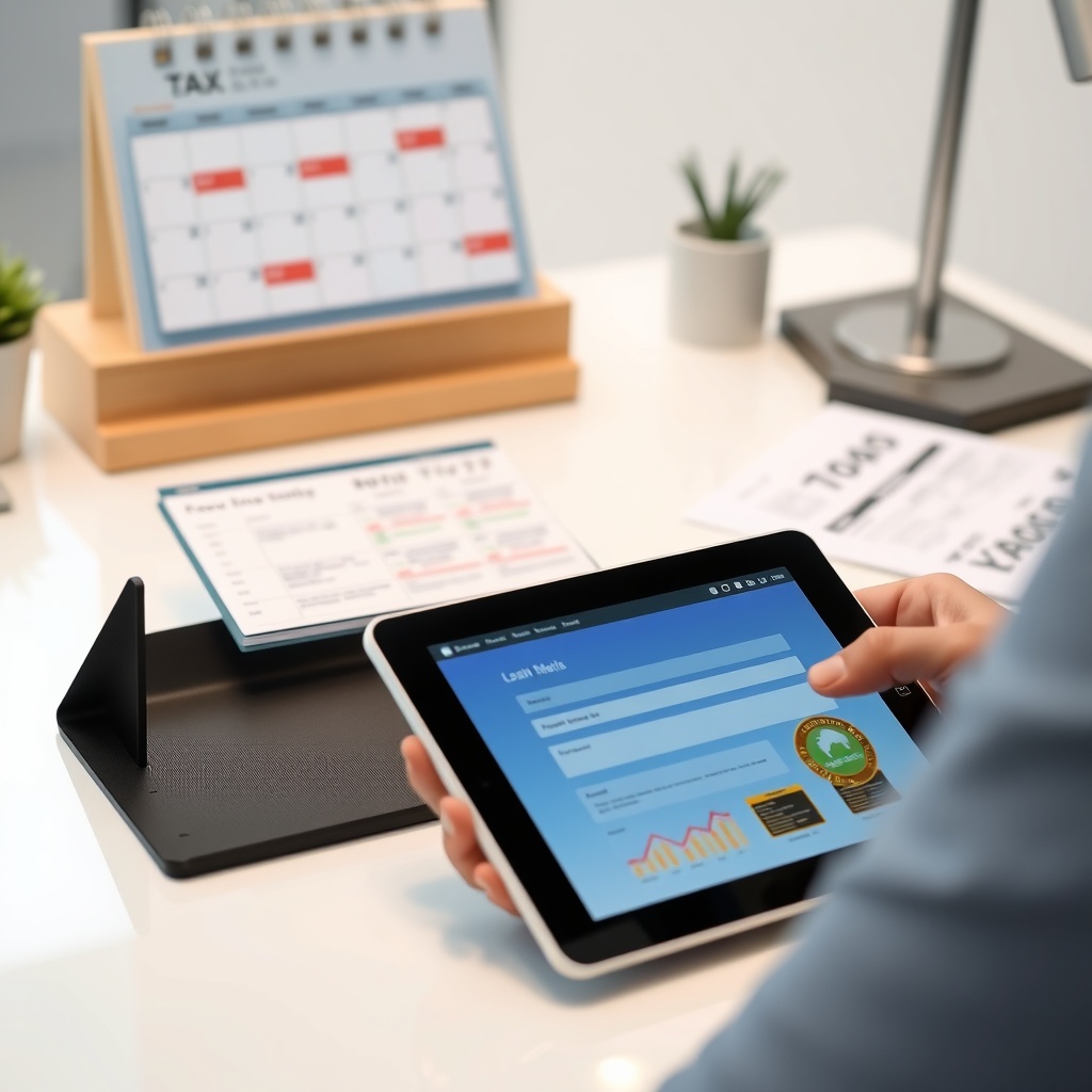 Professional stock photo of a person using a tablet to access an e-government portal on a sleek desk, with a calendar showing quarterly deadlines and tax forms in the background.