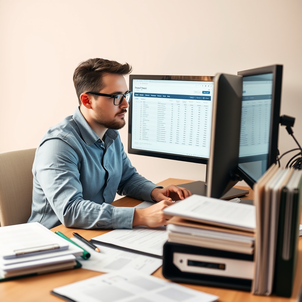 Professional stock photo of a focused freelancer reviewing financial records on a computer screen, with organized folders and documents on a desk, symbolizing audit readiness and compliance.
