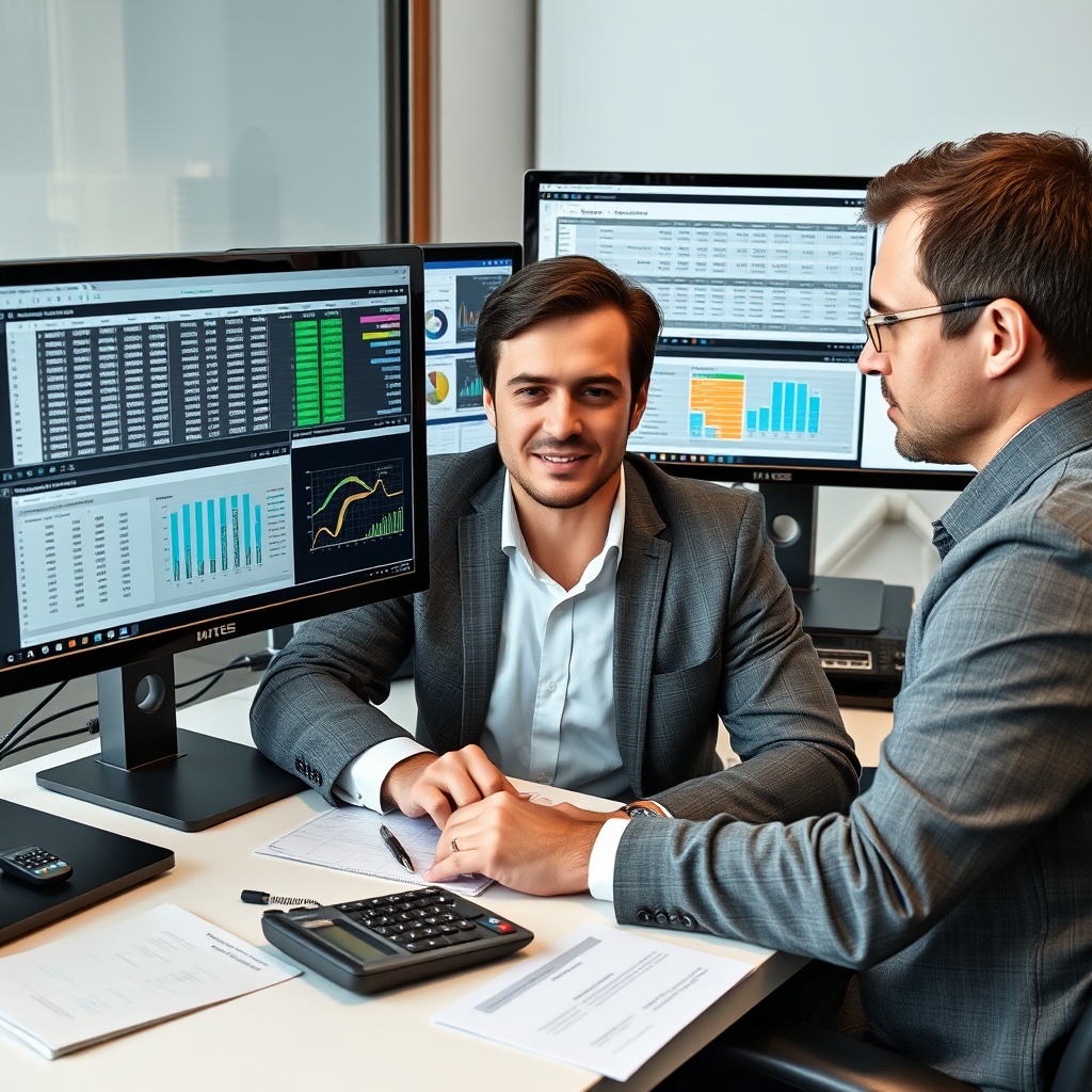 A professional stock photo of a financial analyst at a desk with dual monitors displaying complex tax calculation spreadsheets and flowcharts, with a calculator and documents nearby.