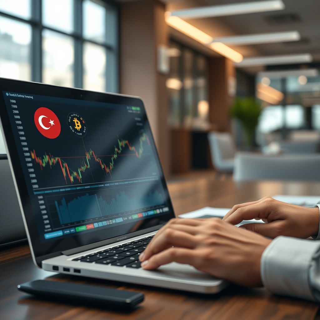 Professional stock photo of a person calculating crypto taxes on a laptop, with Turkish Lira symbols and cryptocurrency charts visible on the screen, in a modern office setting.