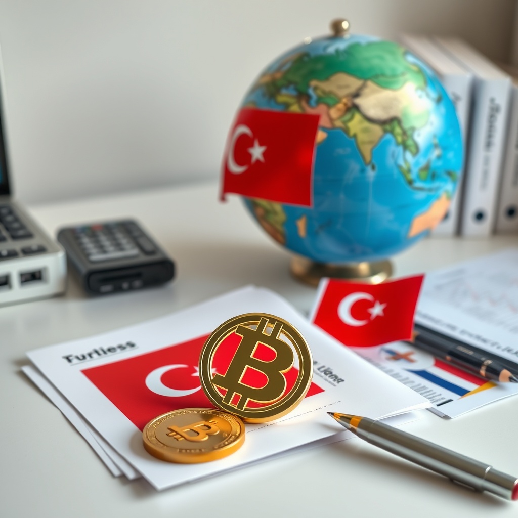 Professional stock photo depicting international tax concepts with a globe, documents featuring flags of Turkey and other countries, and a stylized cryptocurrency symbol, on a clean desk.