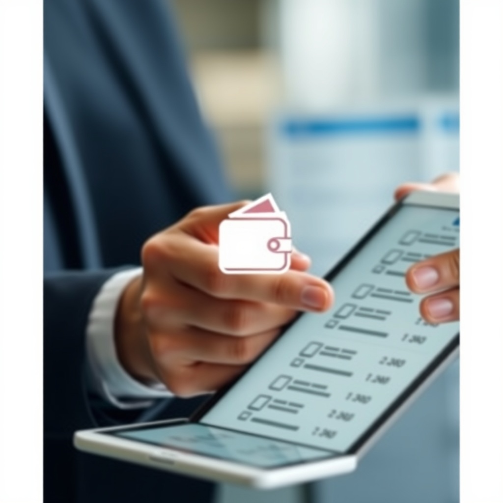 Professional stock photo of a person reviewing a checklist on a tablet, with a secure digital wallet icon and organized transaction logs visible in the background.
