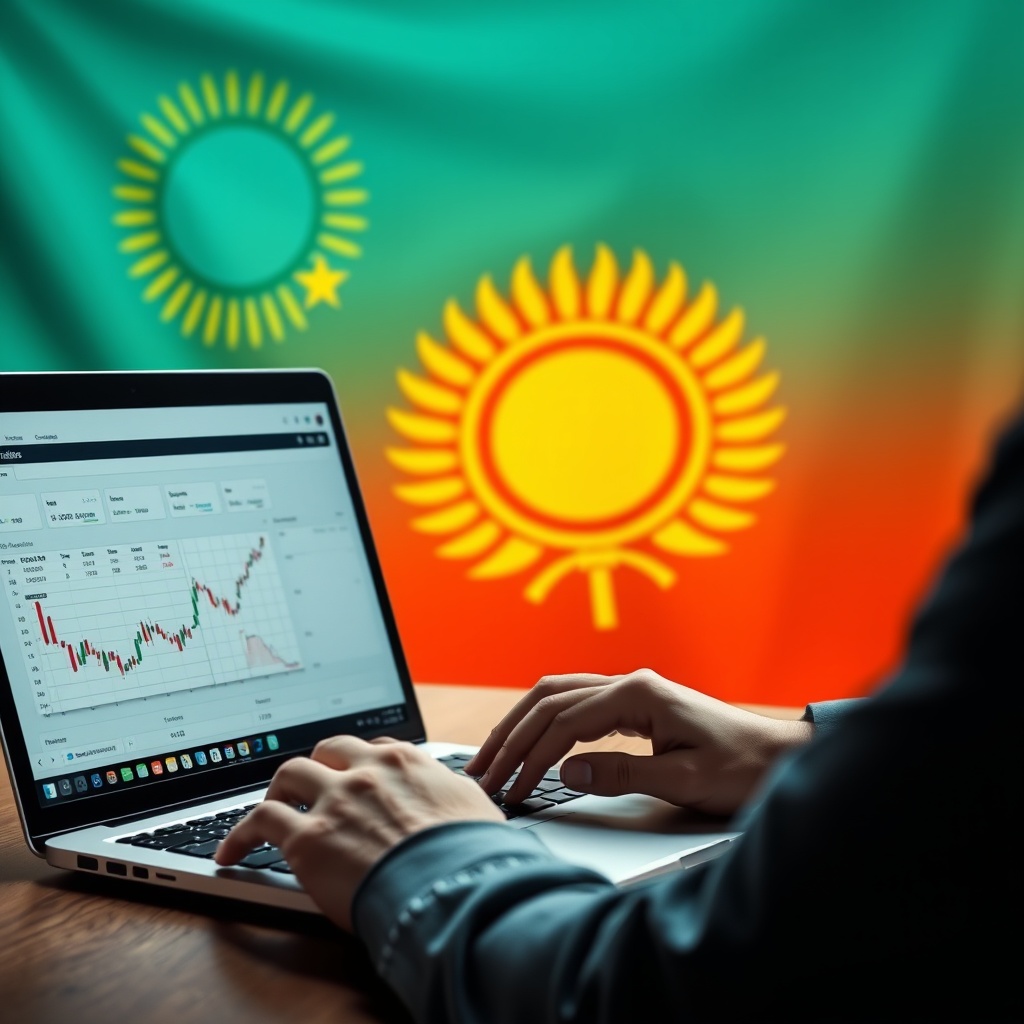 Professional stock photo of a person using a laptop with tax calculation software open, showing cryptocurrency charts and Turkmenistan flag in background, focused on compliance process.