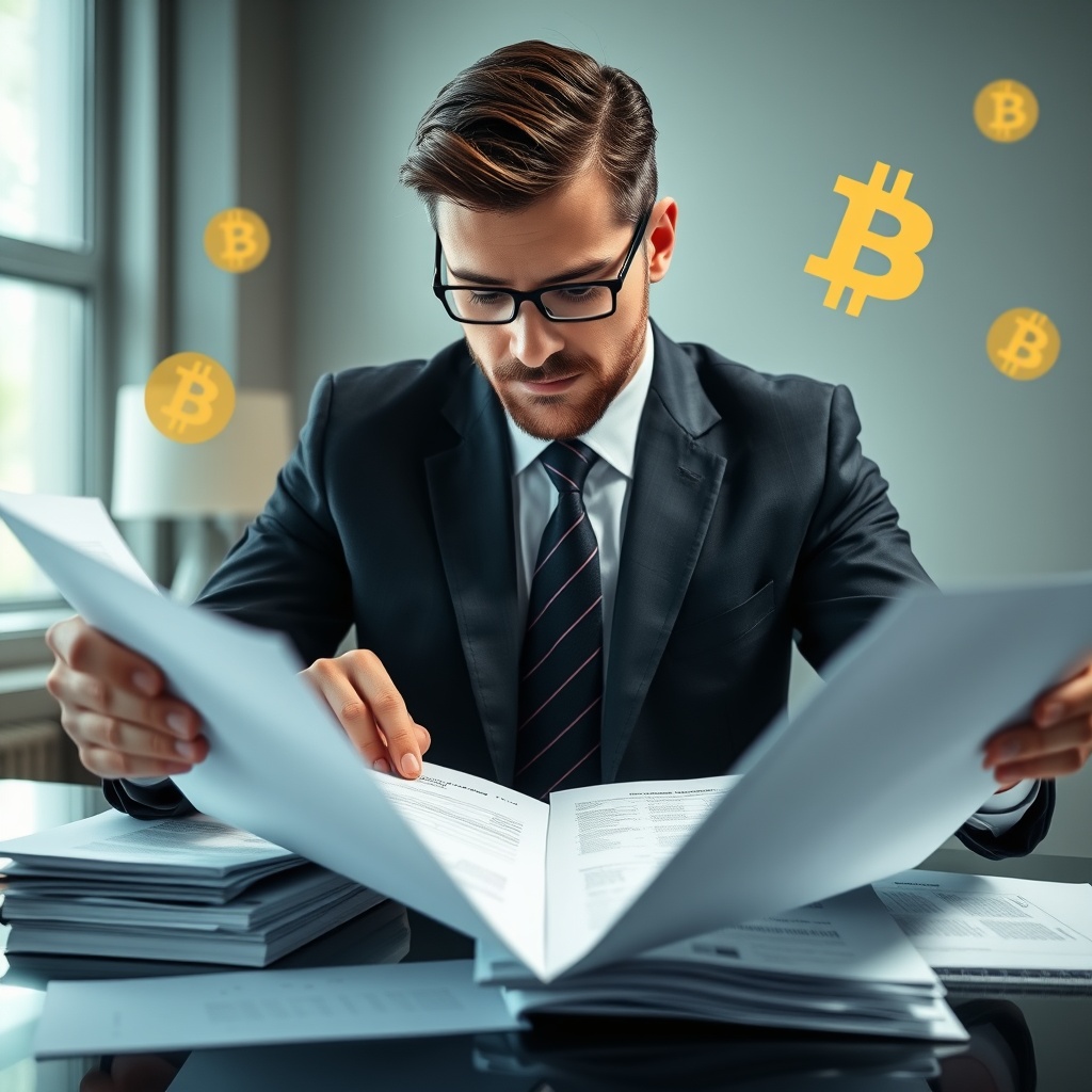 Professional stock photo of a businessperson analyzing financial documents with cryptocurrency symbols visible, representing tax planning and strategy development.