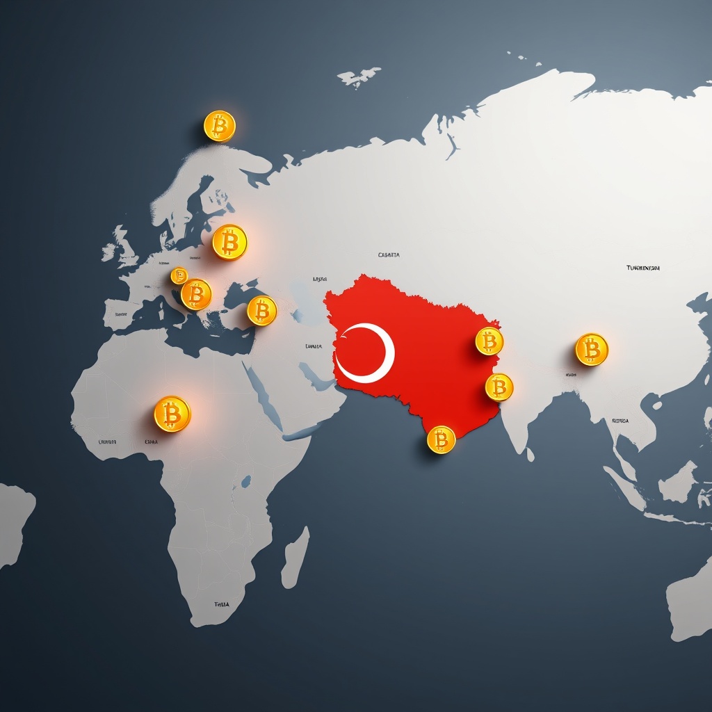Professional stock photo showing global map with Turkmenistan highlighted, cryptocurrency symbols floating between countries, representing cross-border tax implications.
