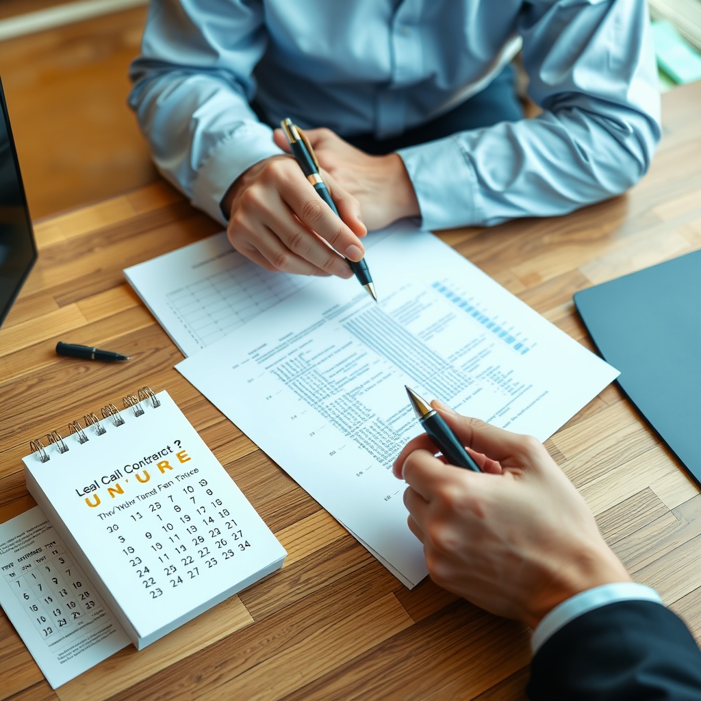 A professional stock photo of a businessperson reviewing a legal contract document on a desk, with a calendar showing future dates and a pen in hand, symbolizing transitional planning.