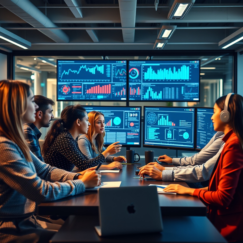 A professional stock photo of a diverse team of fintech professionals collaborating in a modern office, analyzing data on multiple screens, with visual elements like charts and secure network diagrams, symbolizing talent development and expertise building.
