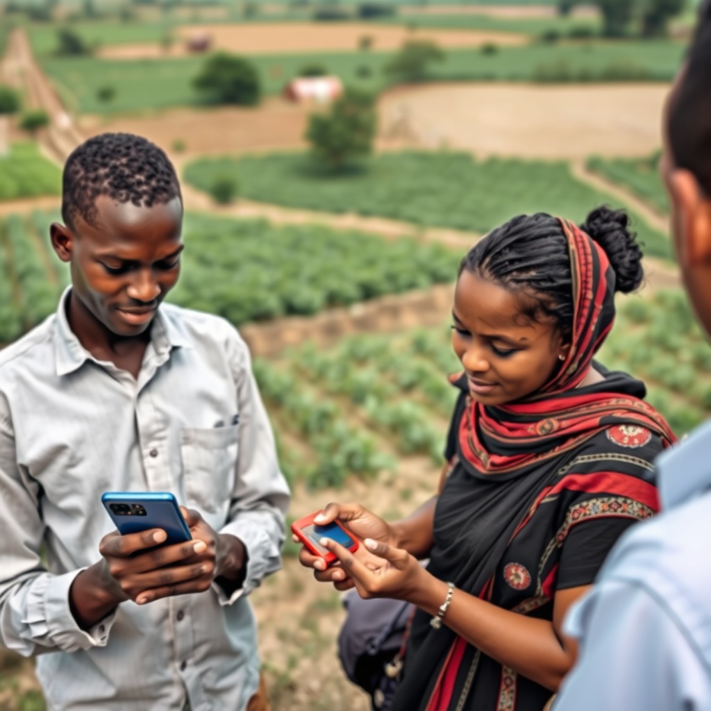 A professional stock photo of a person in a rural setting using a mobile phone for banking, with an agent assisting nearby, against a backdrop of agricultural fields, highlighting financial inclusion and mobile banking access.