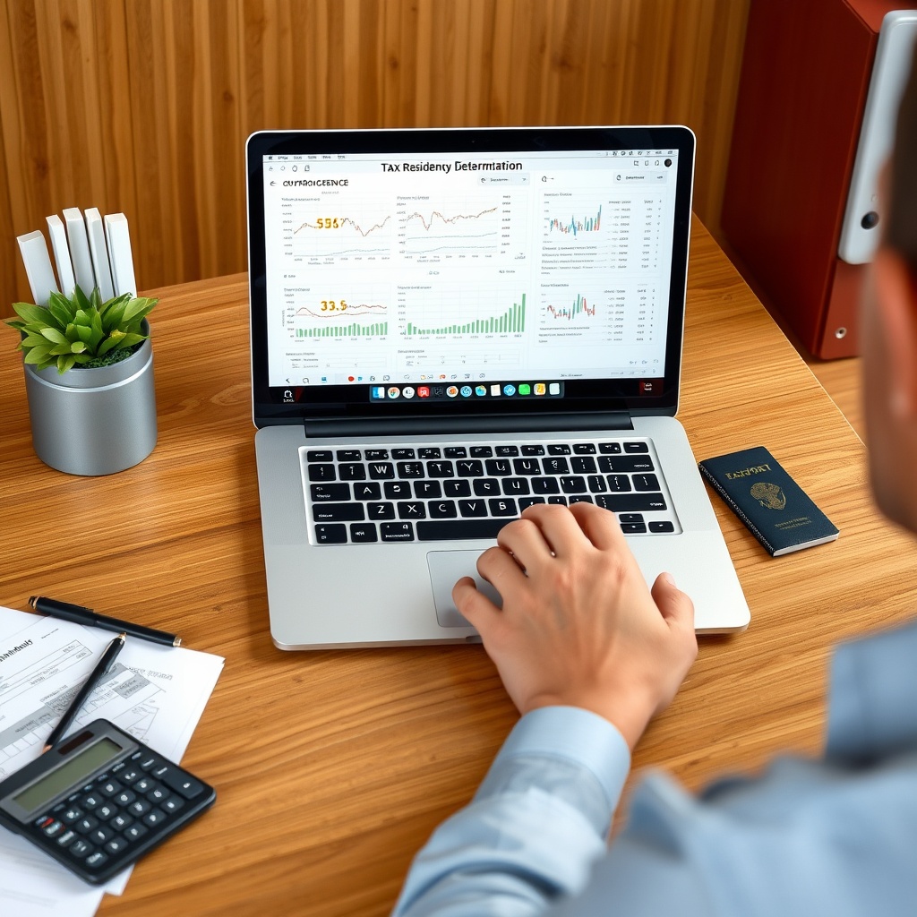 Professional stock photo of a person at a desk with a laptop showing cryptocurrency charts and tax forms, with a passport and calculator nearby, representing tax residency determination.