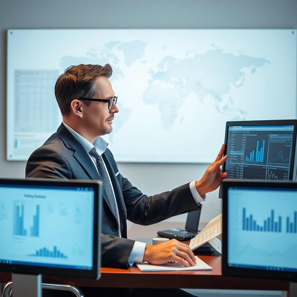 Professional stock photo of a sophisticated investor analyzing a digital portfolio on multiple screens, with strategic planning documents and a world map in the background.