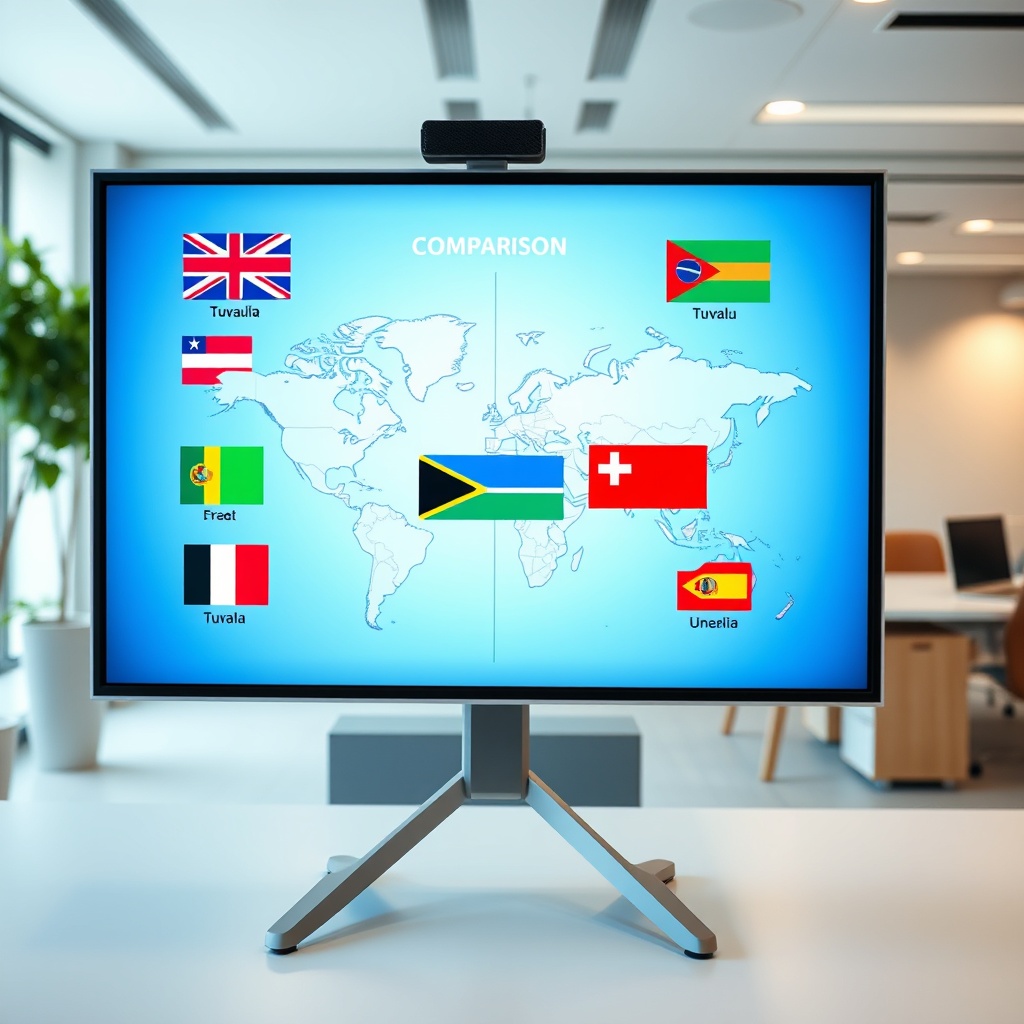 Professional stock photo of a global comparison chart on a screen with flags of various countries, including Tuvalu, in a modern office setting.