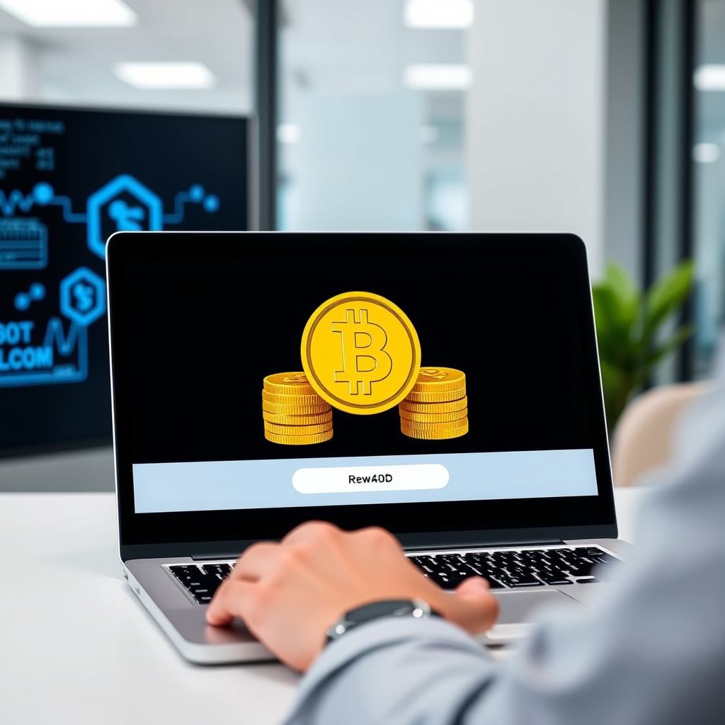 Professional stock photo of a person receiving digital currency rewards on a laptop screen, with a clean office background and subtle blockchain node graphics in the background.