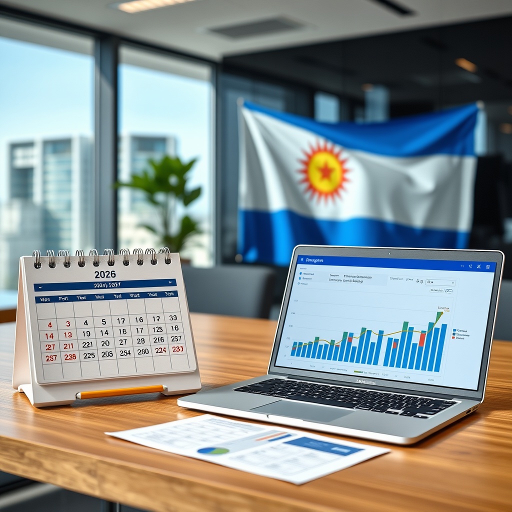 Professional stock photo of a modern office with a calendar showing 2026-2037 timeline, a laptop displaying financial charts, and a Uruguayan flag in the background, representing strategic tax planning.