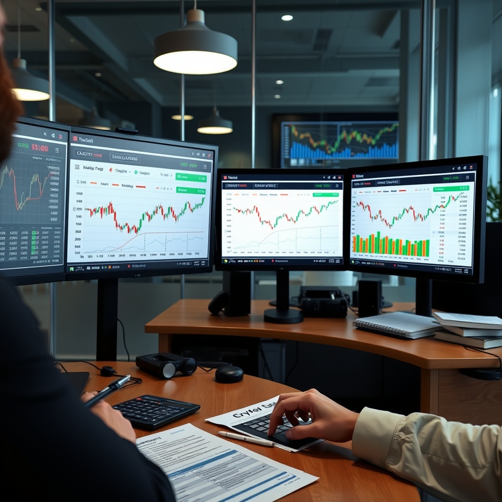 Professional stock photo of a person analyzing cryptocurrency transaction data on multiple screens, with charts and graphs showing gains and losses, in a modern office setting with a calculator and tax documents nearby.