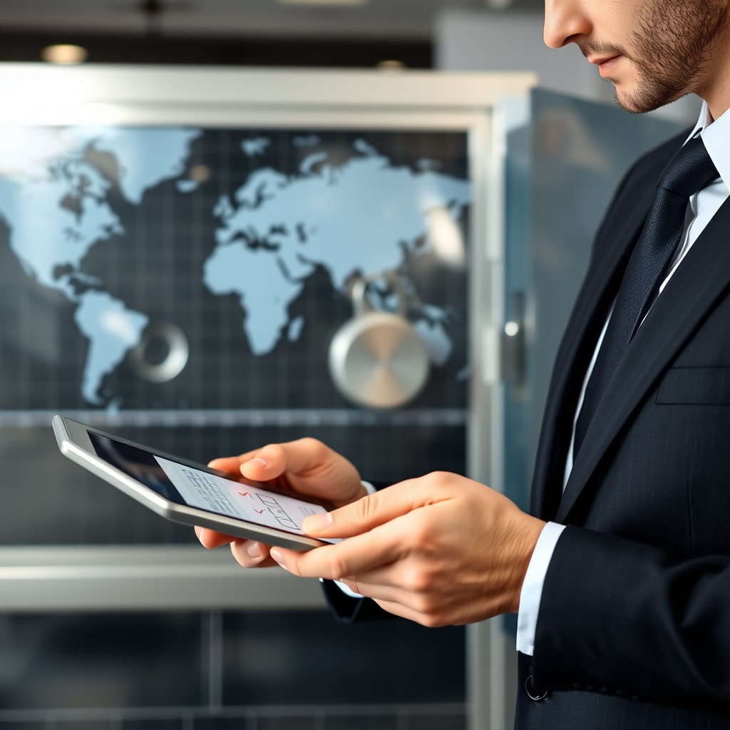 Professional stock photo of a person in business attire reviewing a checklist on a tablet, with a world map and a secure safe in the background, representing residency compliance and asset protection.