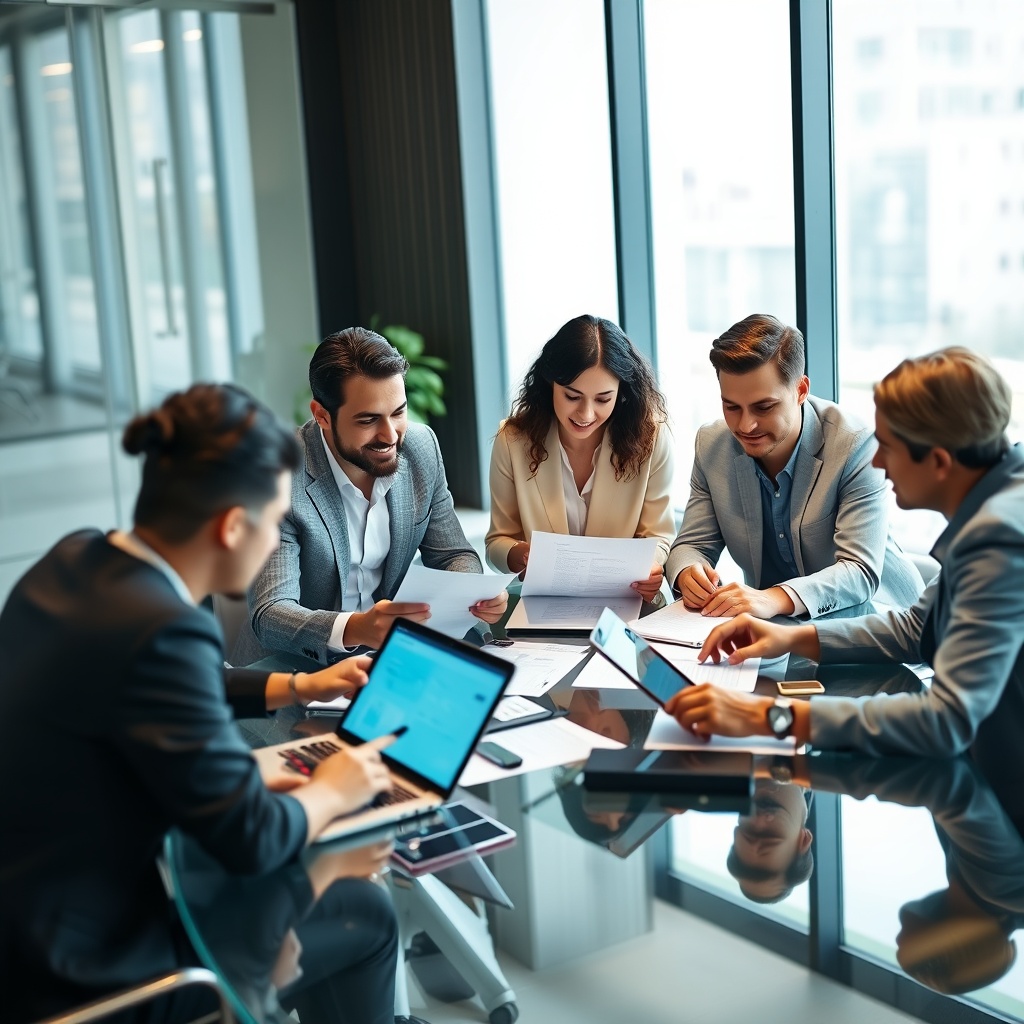 Professional stock photo of a diverse group of fintech entrepreneurs reviewing application documents at a modern glass table, with laptops and tablets displaying innovative financial technology interfaces, in a bright, contemporary office setting.
