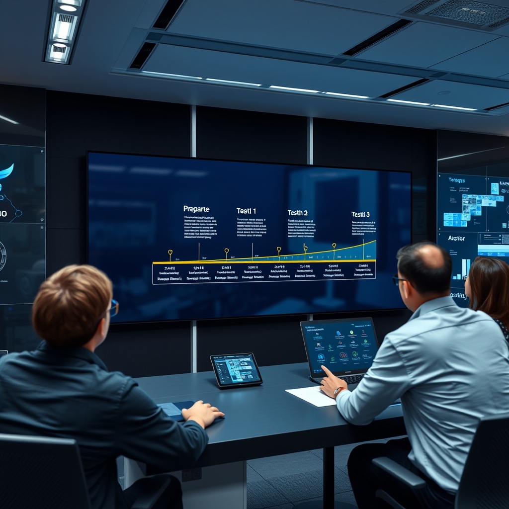 Professional stock photo of a timeline visualization on a digital screen in a sleek control room, with milestones marked for preparation, testing, and transition phases, surrounded by focused professionals monitoring progress.