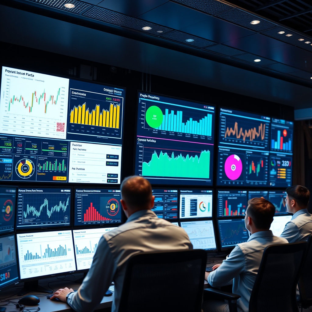 Professional stock photo of a dashboard on multiple monitors displaying key performance indicators and regulatory metrics, with a team analyzing data charts in a high-tech fintech operations center.