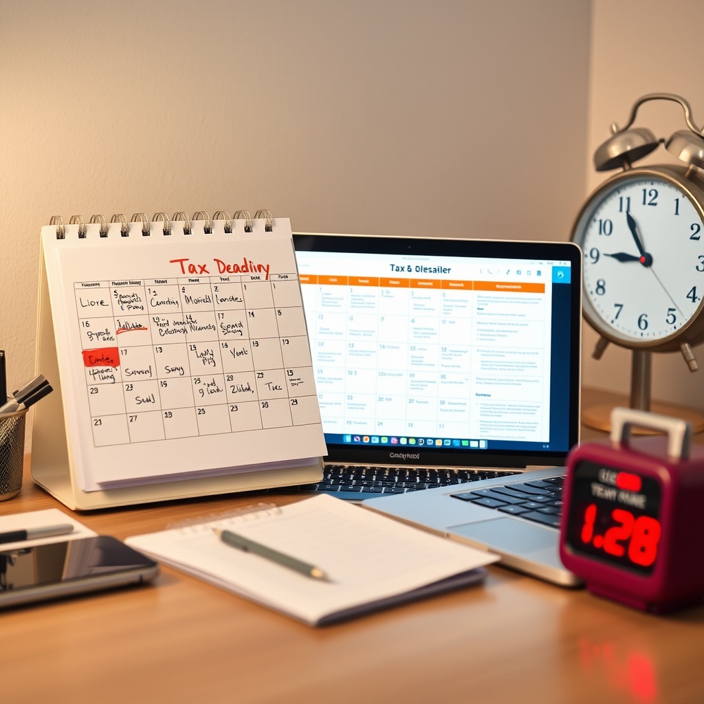 Professional stock photo of a calendar marked with important tax deadlines, next to a laptop displaying tax forms and a clock showing a critical date, in a clean, organized workspace.