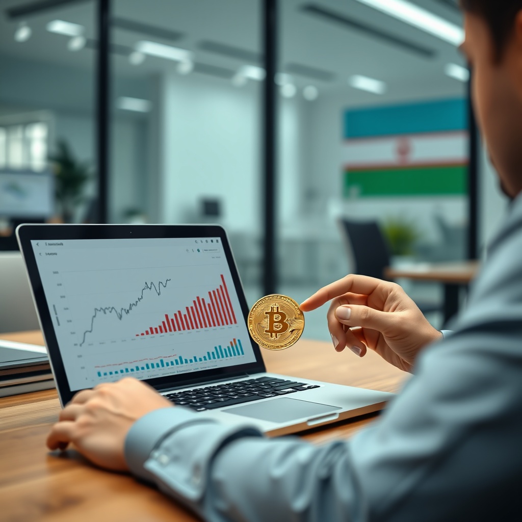 Professional stock photo of a person analyzing cryptocurrency tax calculations on a laptop with charts and graphs visible, set in a modern office environment with Uzbekistan flag subtle in background.