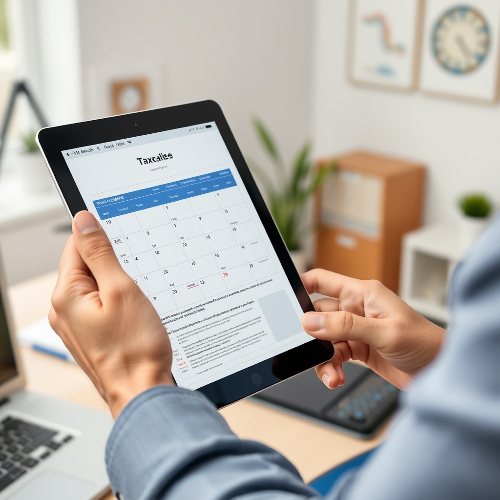 Professional stock photo of a person filing digital tax documents on a tablet with calendar showing deadlines, in a clean home office setting with international banking symbols visible.