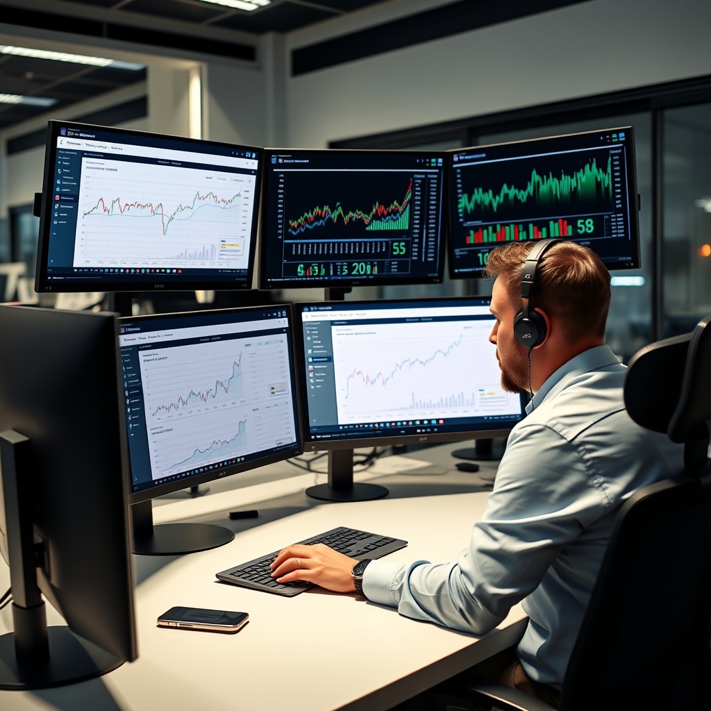 Professional stock photo of a person using crypto tax software on multiple screens showing portfolio tracking dashboards, in a contemporary tech workspace.
