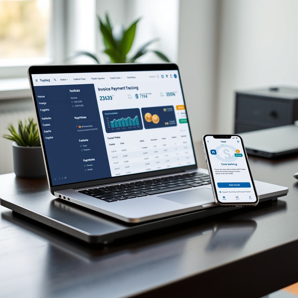 Professional stock photo of a modern laptop open on a desk displaying a digital invoice and payment tracking dashboard, with a smartphone showing a banking app next to it, in a clean home office setting with natural light.