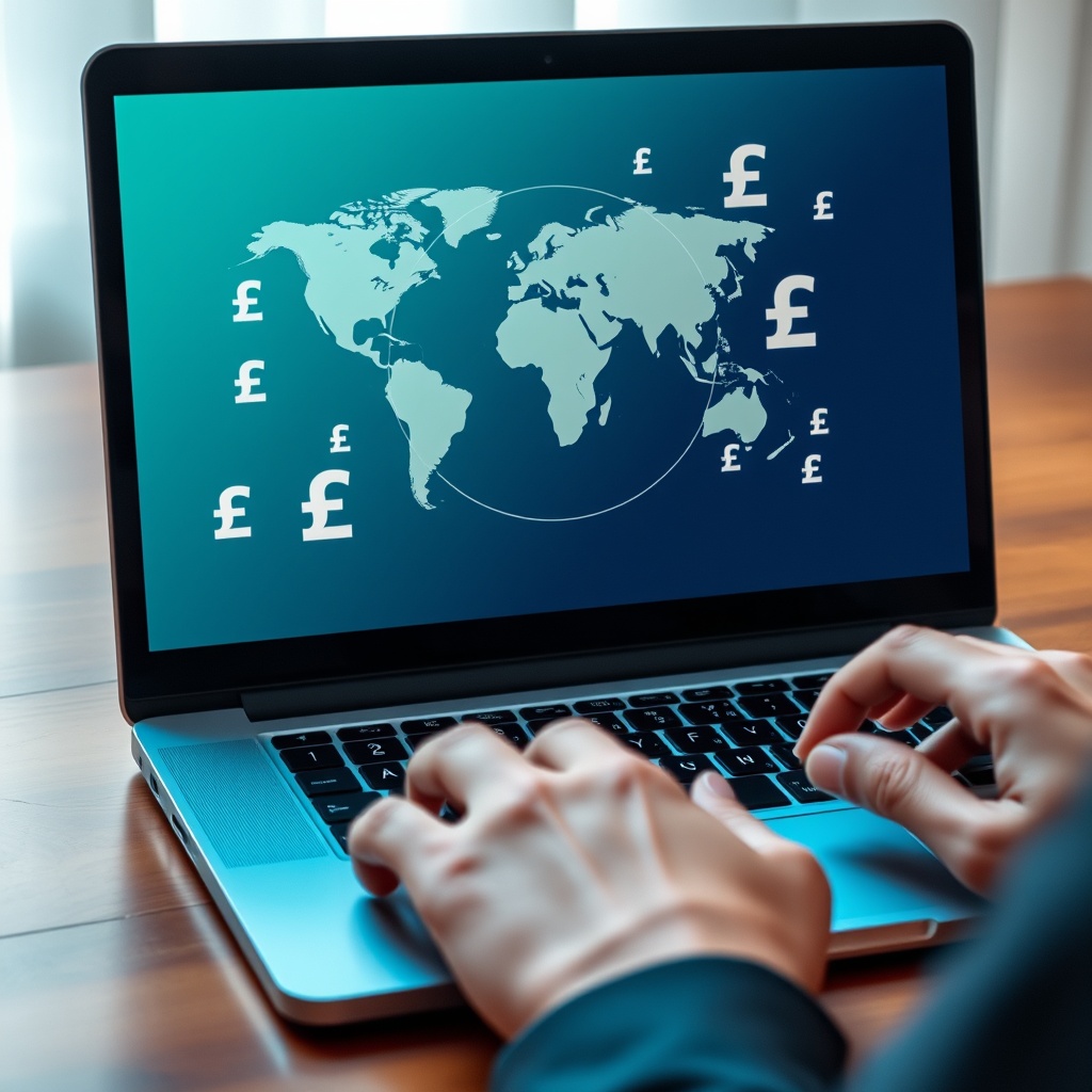 Professional stock photo of a person's hands typing on a laptop keyboard with multiple currency symbols and a globe graphic displayed on the screen, representing international freelancing and cross-border finance.