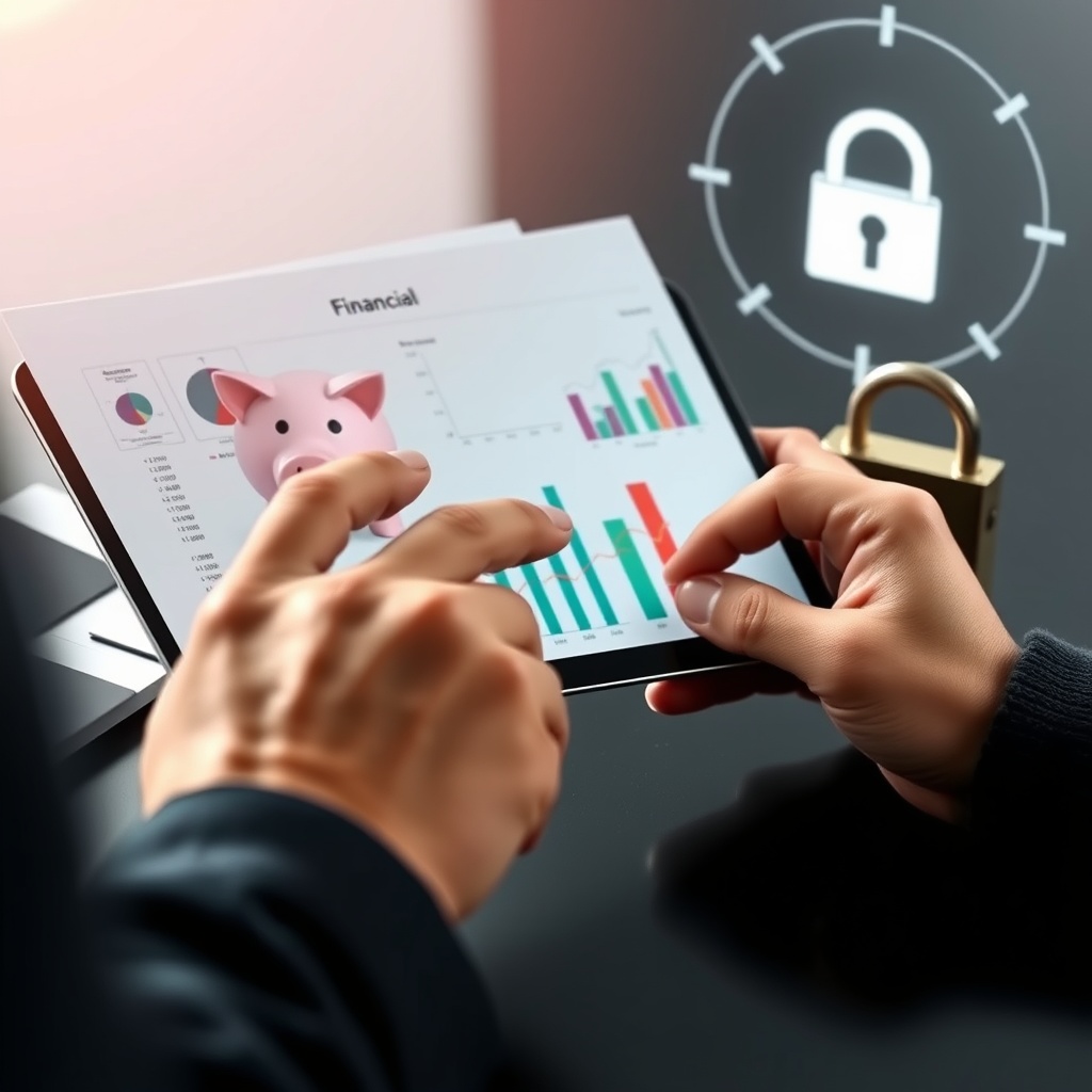 Professional stock photo of a person reviewing financial documents and charts on a tablet, with a piggy bank and a secure lock symbol in the background, illustrating financial security and risk management.